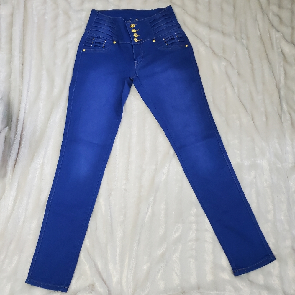 TUSH PUSH~BLUE 4 BUTTON HIGH-RISE JEGGINGS WITH TEXTURED ACCENTS! - Picture 10 of 16